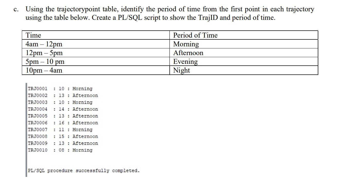 c. Using the trajectorypoint table, identify the period of time from the first point in each trajectory using