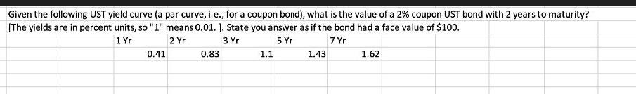 Given the following UST yield curve (a par curve, i.e., for a coupon bond), what is the value of a 2% coupon