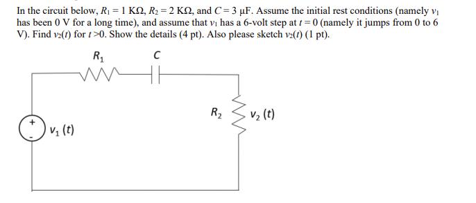 In the circuit below, R = 1 KQ, R = 2 K2, and C= 3 uF. Assume the initial rest conditions (namely vi has been
