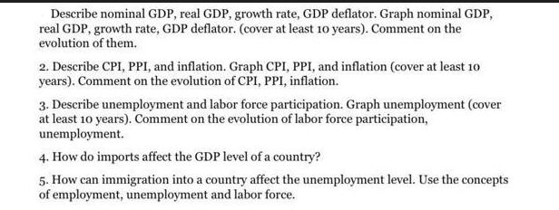 Describe nominal GDP, real GDP, growth rate, GDP deflator. Graph nominal GDP, real GDP, growth rate, GDP