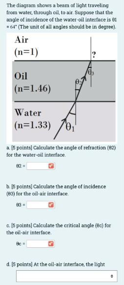 The diagram shows a beam of light traveling from water, through oil, to air. Suppose that the angle of