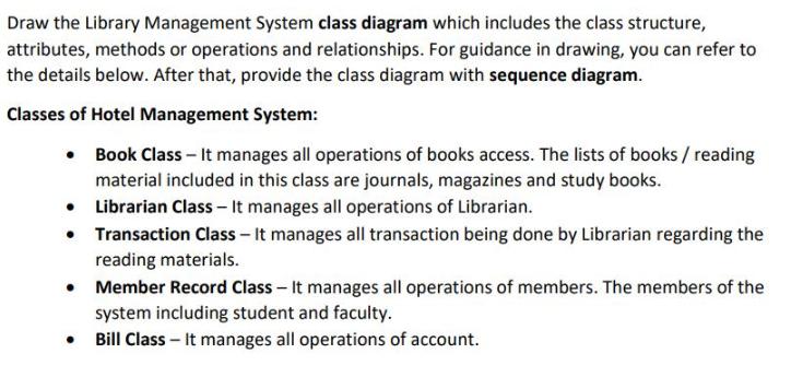 Draw the Library Management System class diagram which includes the class structure, attributes, methods or