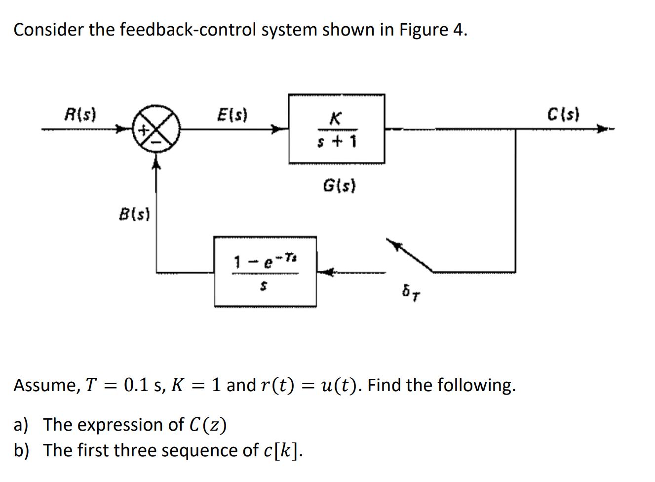 Consider the feedback-control system shown in Figure 4. R(s) B(s) E(s) 1-e7 $ K s+1 G(s) ST Assume, T = 0.1