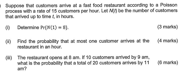Suppose that customers arrive at a fast food restaurant according to a Poisson process with a rate of 15