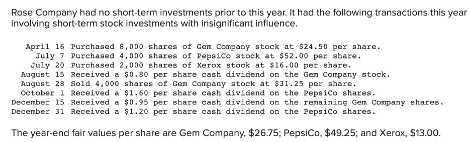 Rose Company had no short-term investments prior to this year. It had the following transactions this year