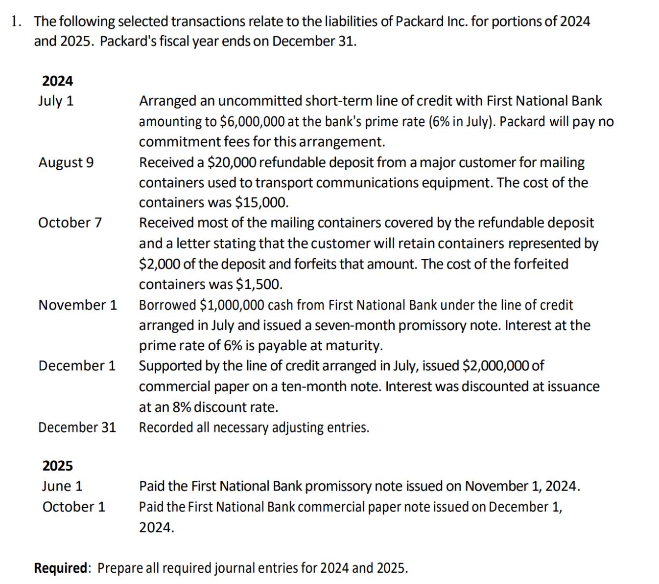 1. The following selected transactions relate to the liabilities of Packard Inc. for portions of 2024 and