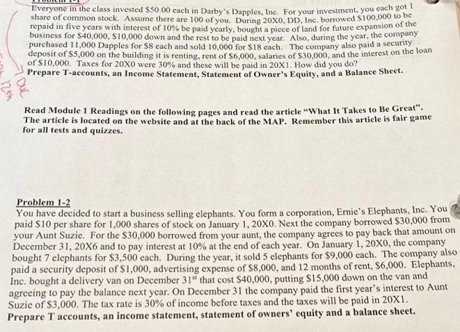 12th -7 DUC Everyone in the class invested $50.00 each in Darby's Dapples, Inc. For your investment, you cach