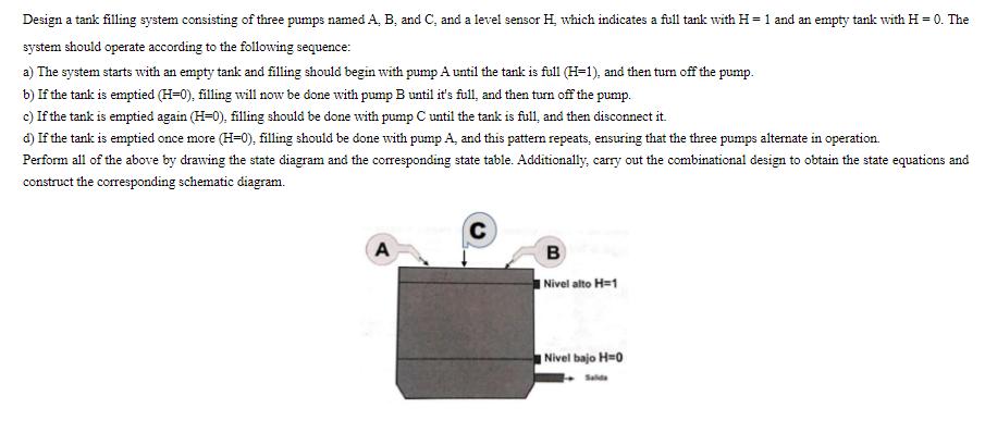 Design a tank filling system consisting of three pumps named A, B, and C, and a level sensor H, which