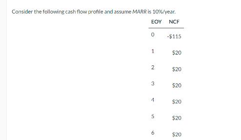 Consider the following cash flow profile and assume MARR is 10%/year. EOY NCF 0 1 2 3 4 5 6 -$115 $20 $20 $20