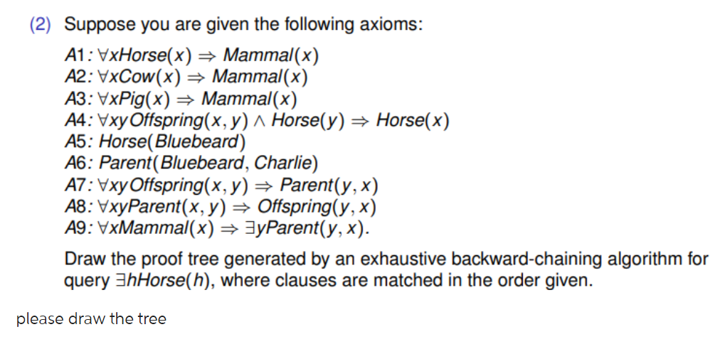 (2) Suppose you are given the following axioms: A1: VxHorse(x)  Mammal(x) A2: VxCow(x)  Mammal(x) A3: