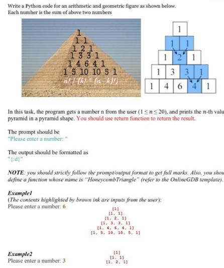 Write a Python code for an arithmetic and geometric figure as shown below. Each number is the sum of above