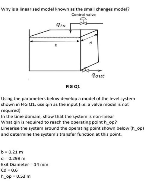 Why is a linearised model known as the small changes model? Control valve qin b b = 0.21 m d = 0.298 m Exit