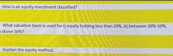 How is an equity investment classified? What valuation basis is used for i) equity holding less than 20%, ii)