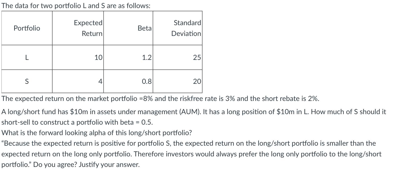 The data for two portfolio L and S are as follows: Expected Return Portfolio L S 10 4 Beta 1.2 0.8 Standard