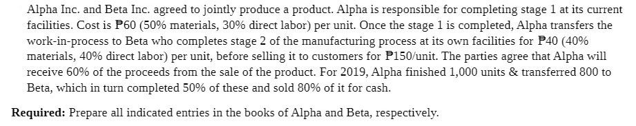 Alpha Inc. and Beta Inc. agreed to jointly produce a product. Alpha is responsible for completing stage 1 at