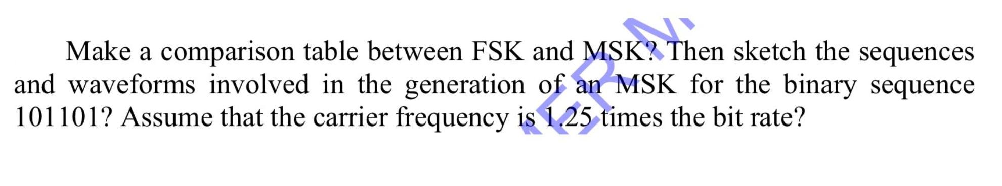 Make a comparison table between FSK and MSK? Then sketch the sequences and waveforms involved in the