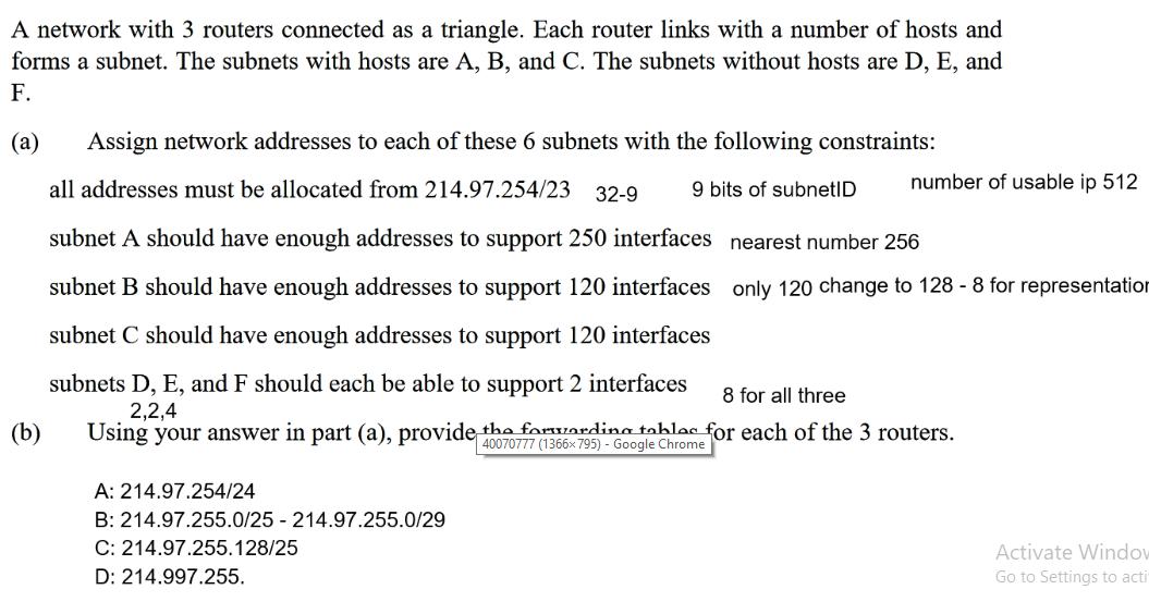 A network with 3 routers connected as a triangle. Each router links with a number of hosts and forms a