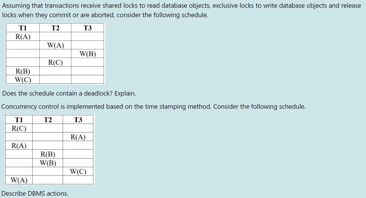 Assuming that transactions receive shared locks to read database objects, exclusive locks to write database