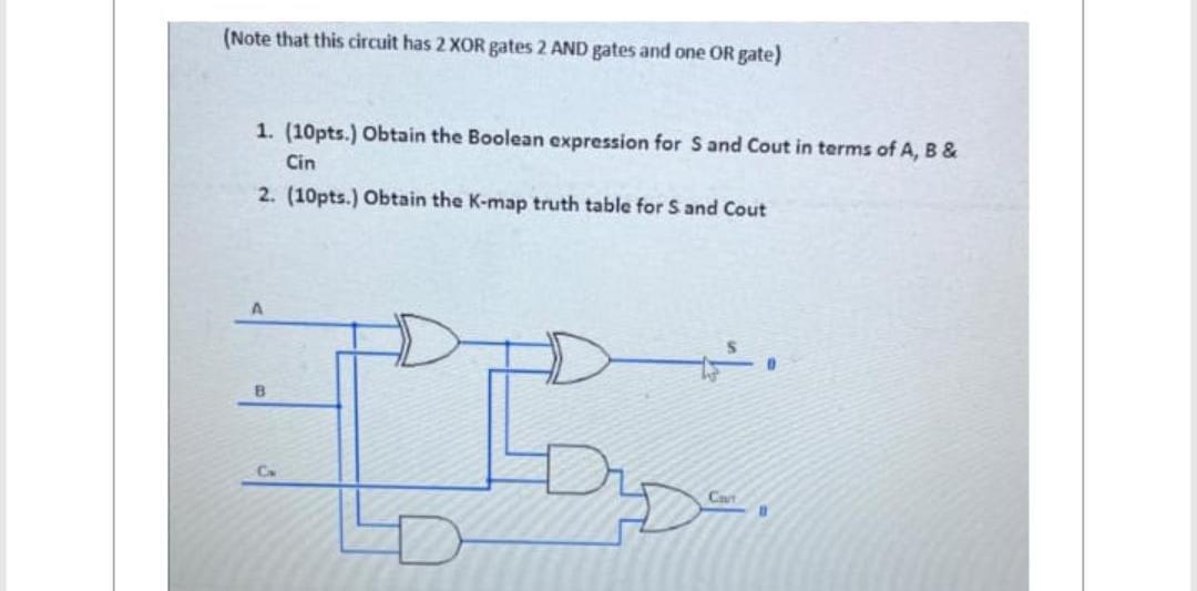 (Note that this circuit has 2 XOR gates 2 AND gates and one OR gate) 1. (10pts.) Obtain the Boolean