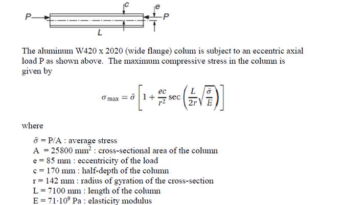 The aluminum W420 x 2020 (wide flange) colum is subject to an eccentric axial load P as shown above. The