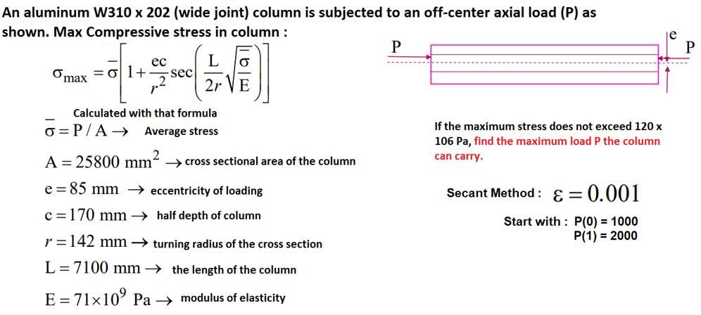 An aluminum W310 x 202 (wide joint) column is subjected to an off-center axial load (P) as shown. Max