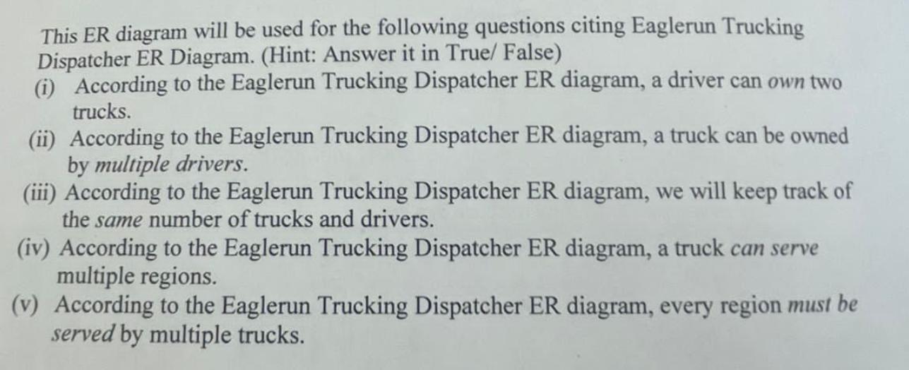 This ER diagram will be used for the following questions citing Eaglerun Trucking Dispatcher ER Diagram.