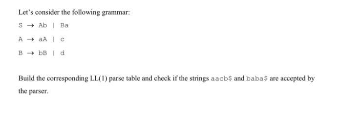 Let's consider the following grammar: S  Ab | Ba A  aA | c B bB I d Build the corresponding LL(1) parse table