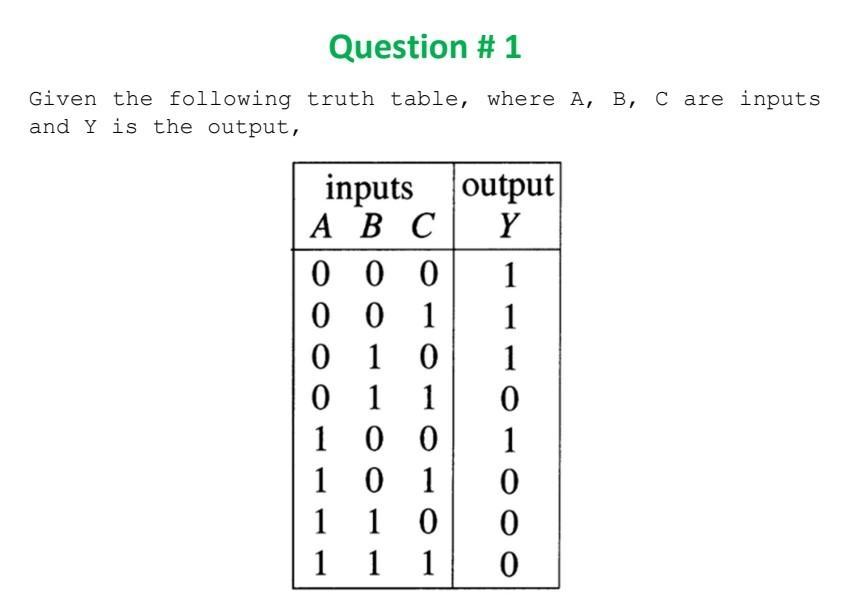 Question # 1 Given the following truth table, where A, B, C are inputs and Y is the output, inputs output A B