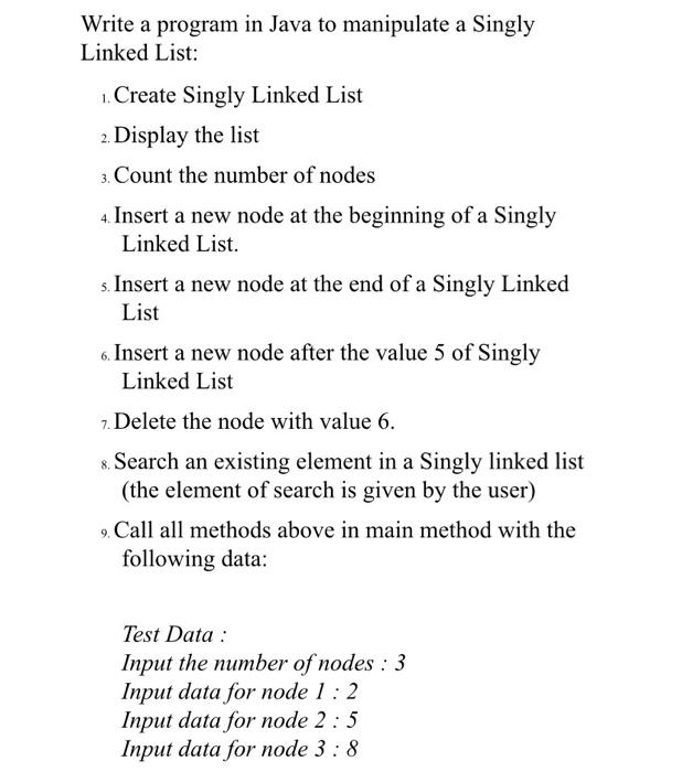 Write a program in Java to manipulate a Singly Linked List: 1. Create Singly Linked List 2. Display the list