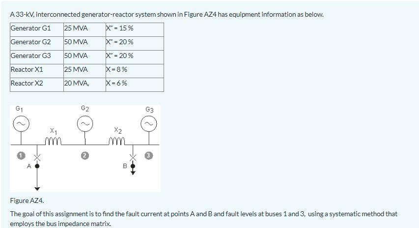 A 33-kV, interconnected generator-reactor system shown in Figure AZ4 has equipment information as below.