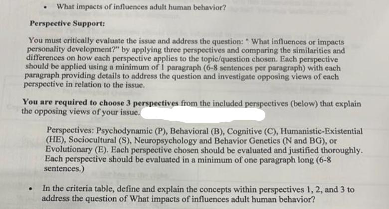 . What impacts of influences adult human behavior? Perspective Support: You must critically evaluate the