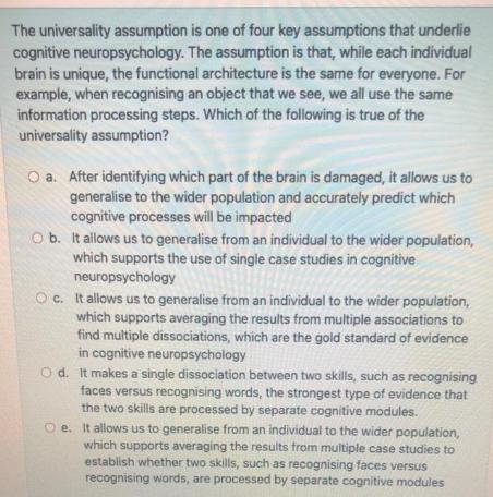 The universality assumption is one of four key assumptions that underlie cognitive neuropsychology. The