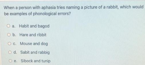When a person with aphasia tries naming a picture of a rabbit, which would be examples of phonological