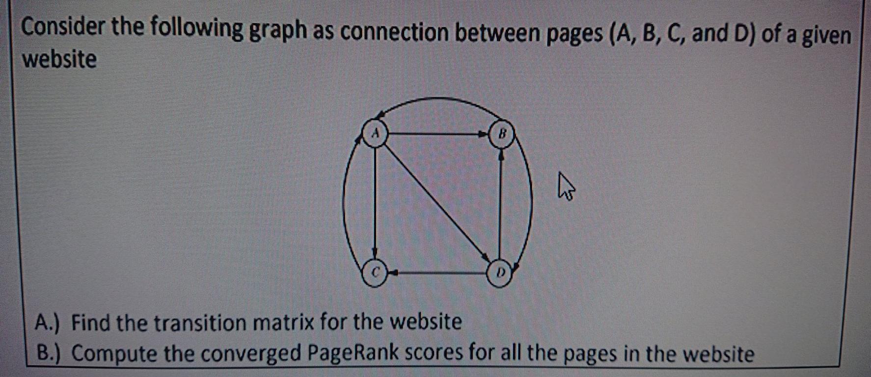 Consider the following graph as connection between pages (A, B, C, and D) of a given website W A.) Find the