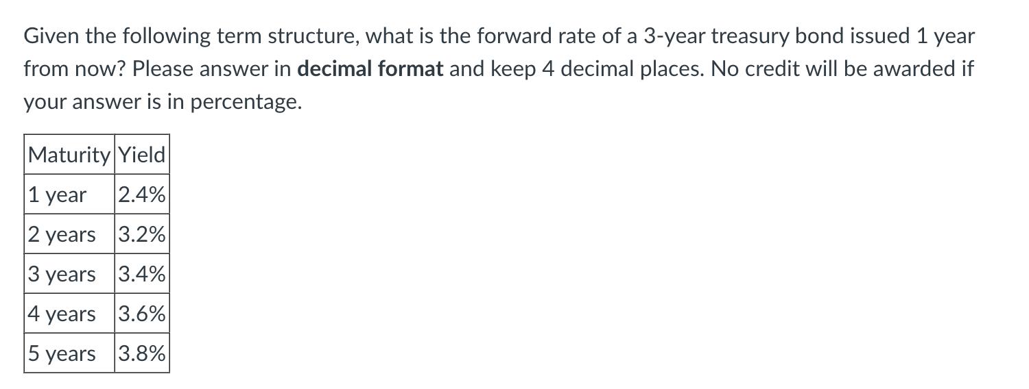 Given the following term structure, what is the forward rate of a 3-year treasury bond issued 1 year from