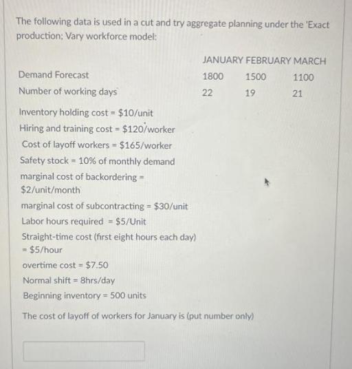 The following data is used in a cut and try aggregate planning under the 'Exact production: Vary workforce