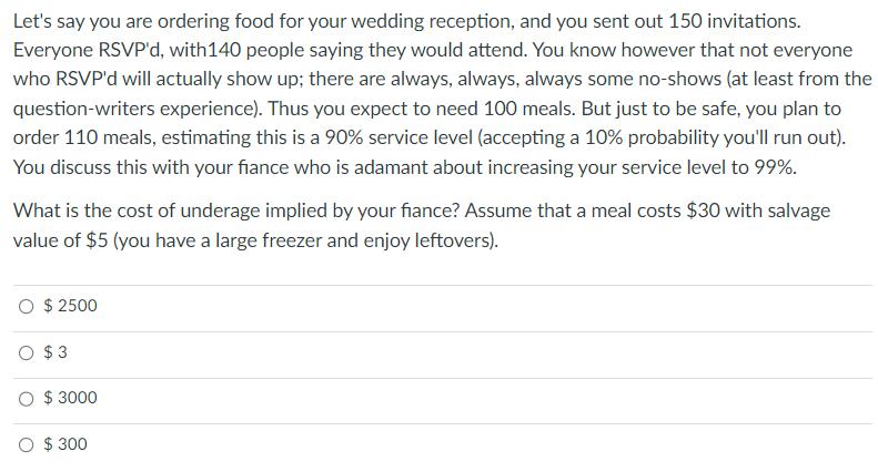 Let's say you are ordering food for your wedding reception, and you sent out 150 invitations. Everyone