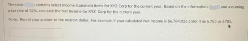 The table a tax rate of 32%, calculate the Net Income for XYZ Corp for the current year. Note: Round your