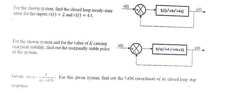 For the shown system. find the closed loop steady-state error for the inputs r(t) = 2 and r(t) = 4t. For the