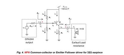 ww OPA344 output From -2(2x) V A-320 Earbud Load resistance Fig. 4. NPN Common-collector or Emitter Follower