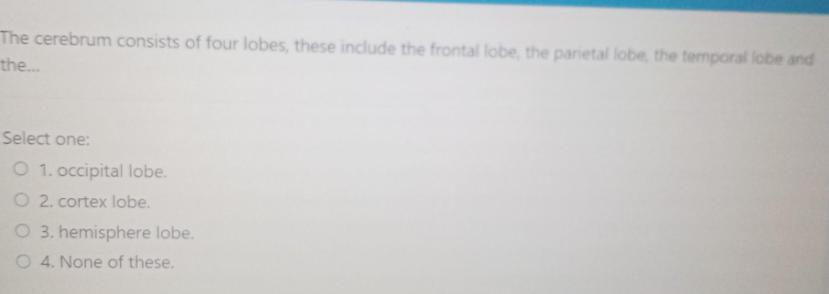 The cerebrum consists of four lobes, these include the frontal lobe, the parietal lobe, the temporal lobe and