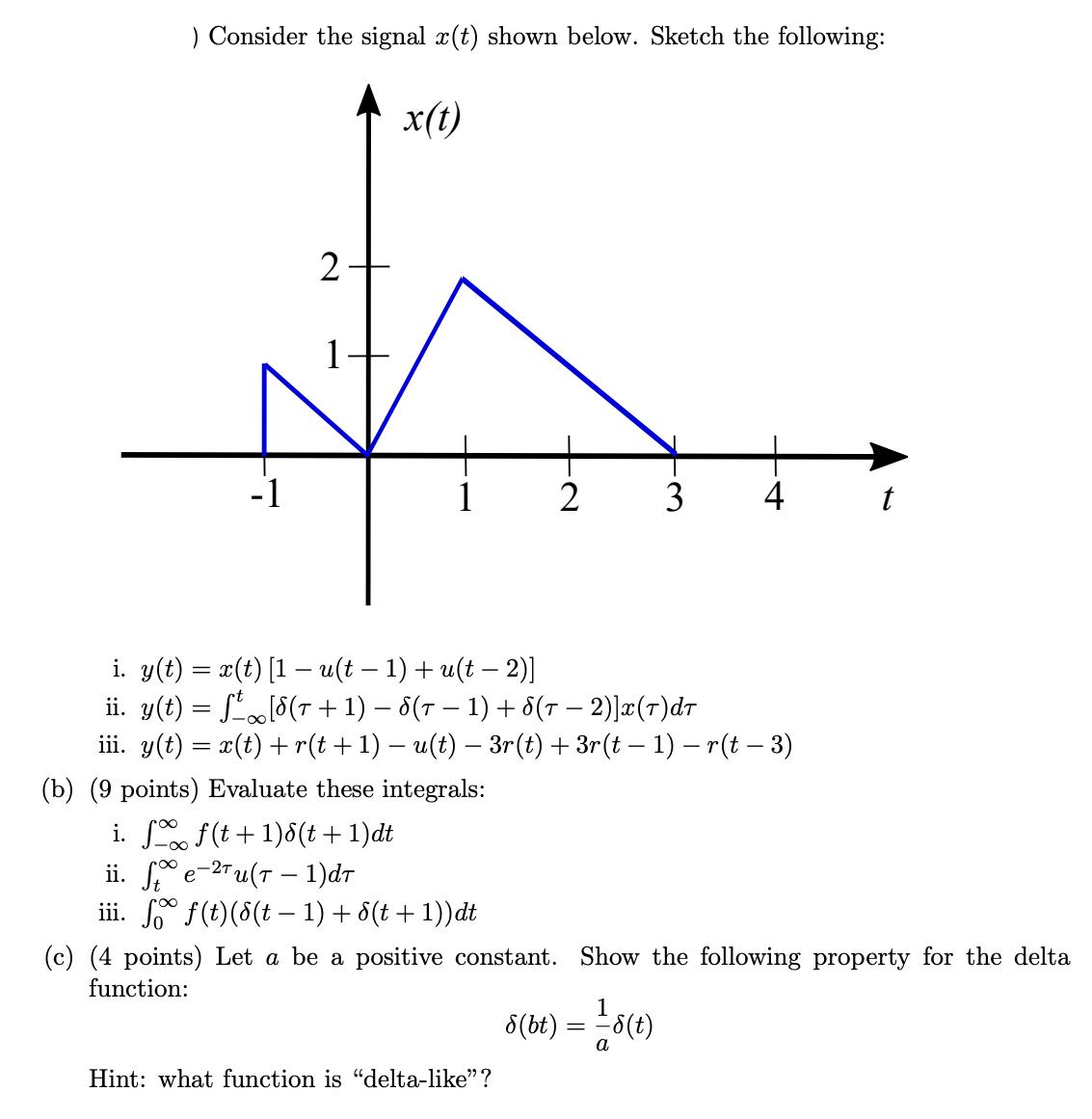 ) Consider the signal x(t) shown below. Sketch the following: -1 2 x(t) 1 2 Hint: what function is