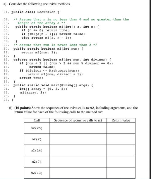 a) Consider the following recursive methods. 01. public class Recursion { /* Assume that n is no less than 0