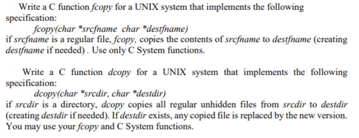 Write a C function fcopy for a UNIX system that implements the following specification: fcopy(char *srefname
