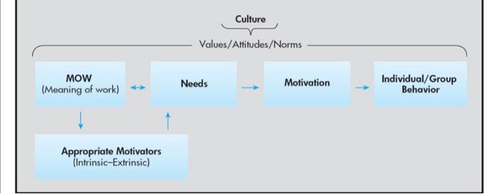 MOW (Meaning of work) Appropriate Motivators (Intrinsic-Extrinsic) Culture Values/Attitudes/Norms Needs