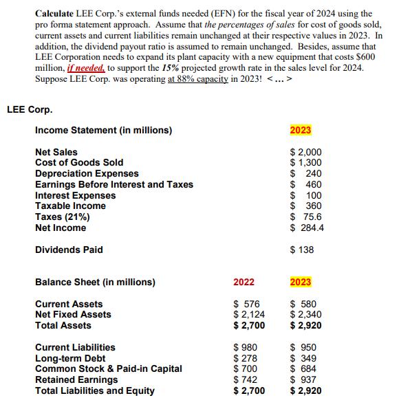 Calculate LEE Corp.'s external funds needed (EFN) for the fiscal year of 2024 using the pro forma statement