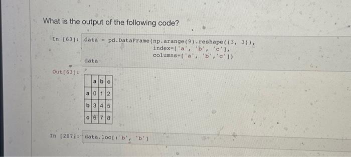 What is the output of the following code? In [63]: data = pd.DataFrame (np.arange (9).reshape ((3, 3)),