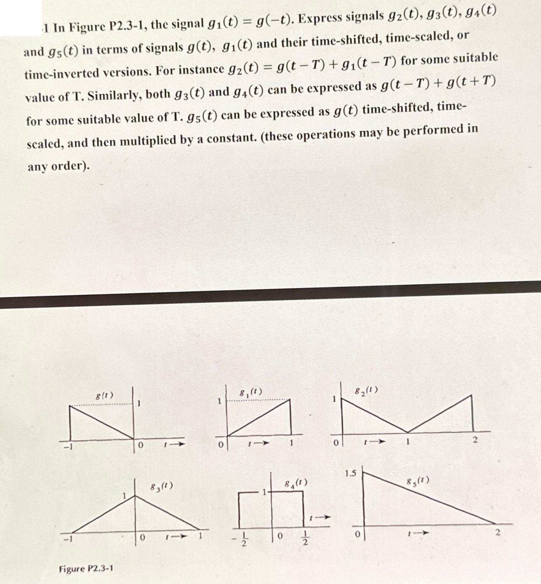 1 In Figure P2.3-1, the signal g (t) = g(-t). Express signals g(t), g3(t), g(t) and g5 (t) in terms of