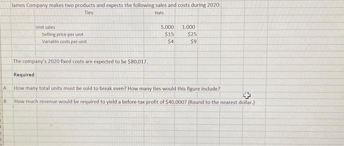 A B James Company makes two products and expects the following sales and costs during 2020: Ties Hats Unit