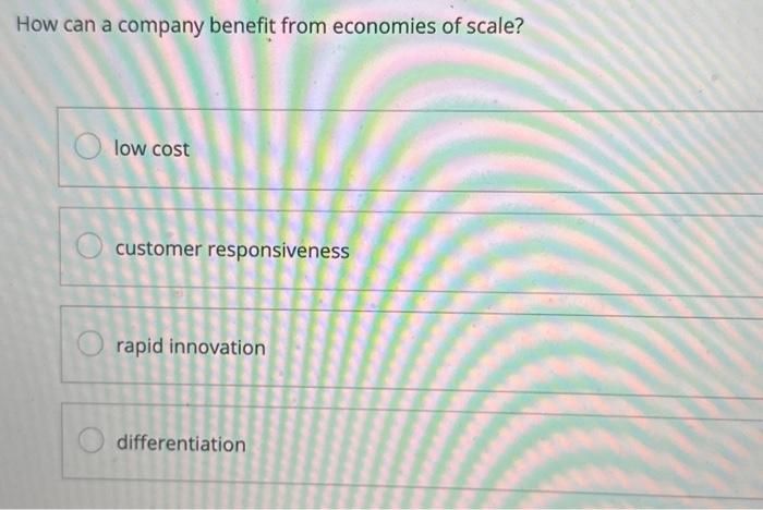 How can a company benefit from economies of scale? low cost O customer responsiveness rapid innovation